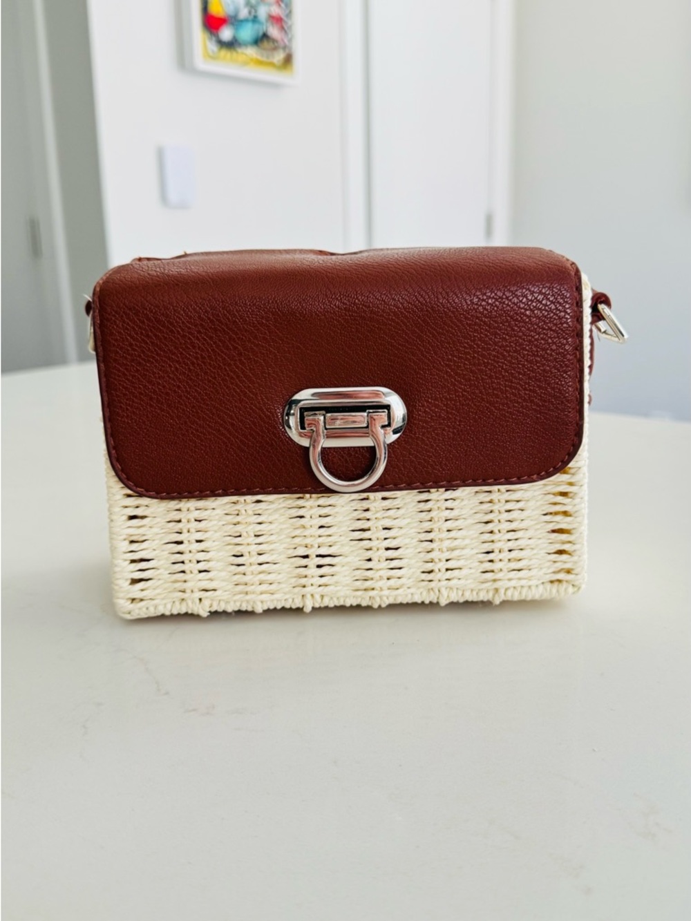 Women's Brown Leather & Cream Woven Crossbody Bag